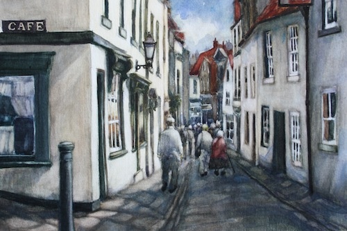 Art Card of a Watercolour Street scene by Vyvyan Green of cottages in Church Street, Whitby, North Yorkshire.