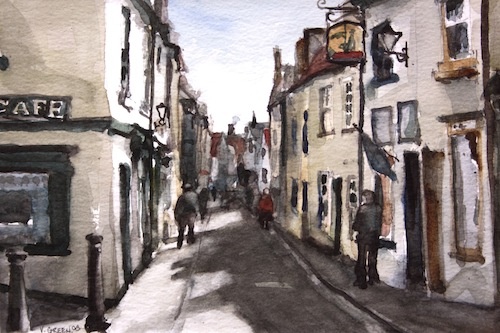 Art Card of a Watercolour by Vyvyan Green of cottages and a street scene, Whitby, North Yorkshire. 
