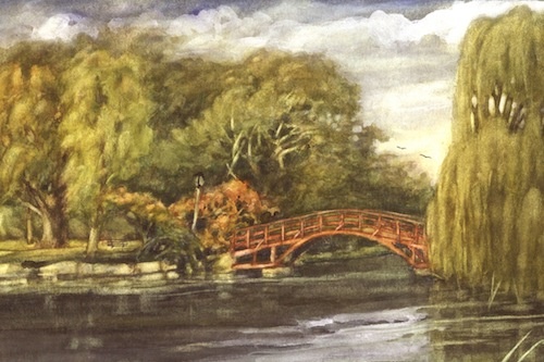 Art Card of a Watercolour by Vyvyan Green of Tom Patterson Island, Stratford, Ontario.