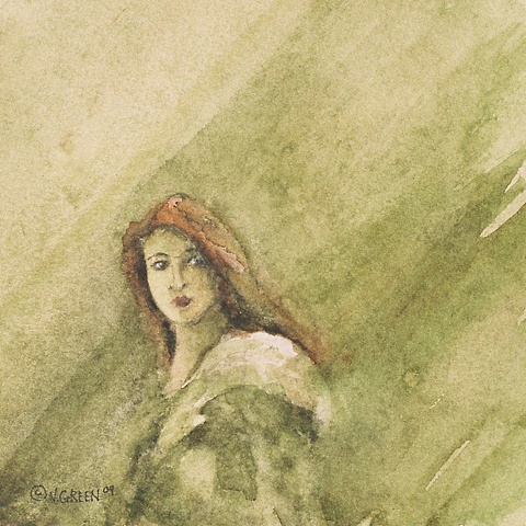 portrait, woman with red hair, watercolour
