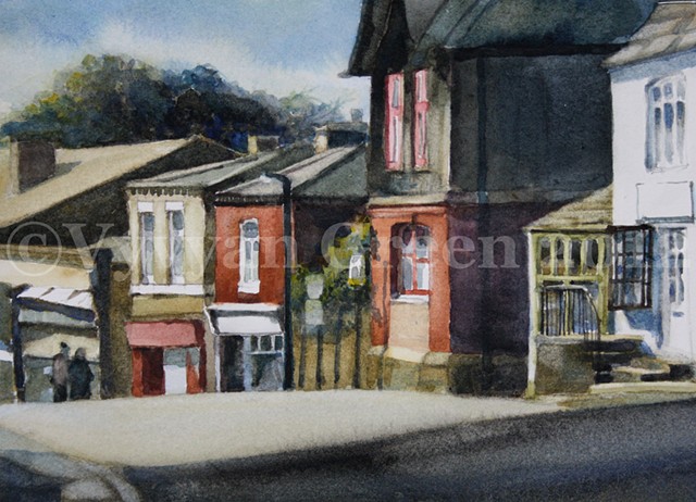  Watercolour painting of shops and houses on Queen Street, Horbury, West Yorkshire, by Vyvyan Green.