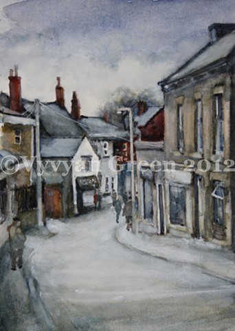 Watercolour street scape painting of shops and houses in Horbury, West Yorkshire.