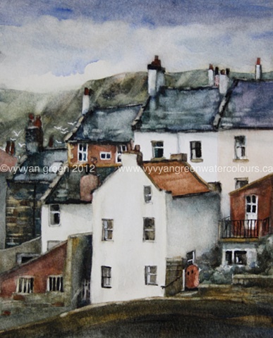 watercolour painting of cottages in Staithes, North Yorkshire.
