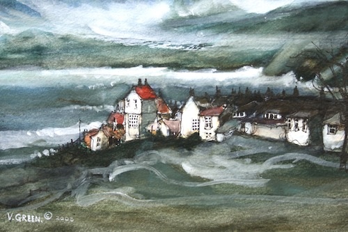 Art Card of a Watercolour by Vyvyan Green of the sea and cottages at Ravenscar, Yorkshire