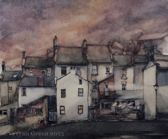 watercolour painting by Vyvyan Green of cottages in Staithes, Yorkshire...