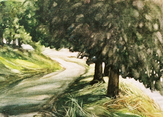 Watercolour painting Ladybower Dam trees and country lane  by Vyvyan Green