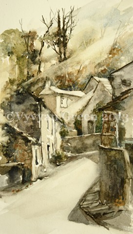 Watercolour painting by Vyvyan Green of cottages and trees at West Burton, Yorkshire.