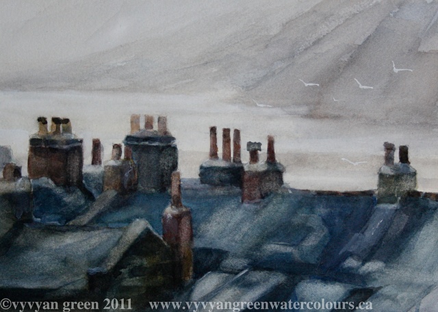 Watercolour painting of rooftops, sea, chimneys at Robin Hoods Bay, Yorkshire,  by Vyvyan Green