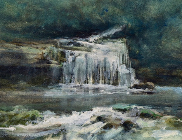 Watercolour painting Cauldron Force, Waterfall and trees, rocks and water and reflections at West Burton, Yorkshire,  by Vyvyan Green