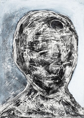 painting on paper, black and white, abstract portrait