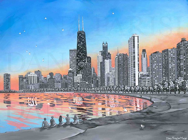 Dana Parisi, Chicago skyline, sunset, city, Hancock building, trump building, Drake hotel, Lake Michigan, North Avenue Beach, beach