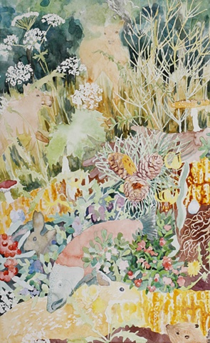Detail showing baby moose, elk horsetail, cow parsnip, honeycomb, pine nuts, fawn, beaver, bearberry, cranberry, gooseberry, buffalo berry, wild salmon, dandelion, glacier lily and mushrooms by jenn houle