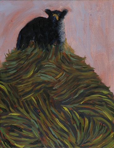 Oil painting of a black bear ontop of a hill by Jenn Houle