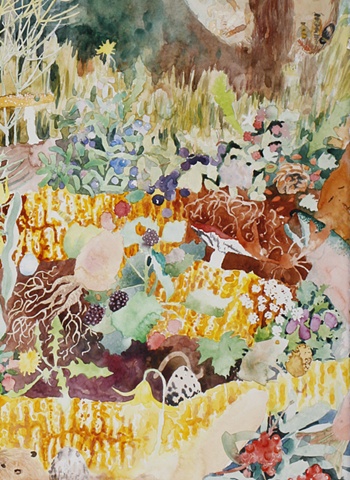 Detail of a watercolor painting of a grizzly bear showing blueberry, dandelion, horsetail, beetles, ants, blackberry, raspberry, beaver, salmon, frog, worm, ants, buffalo berry, bearberry, mushrooms, pine nuts and eggs by jenn houle.