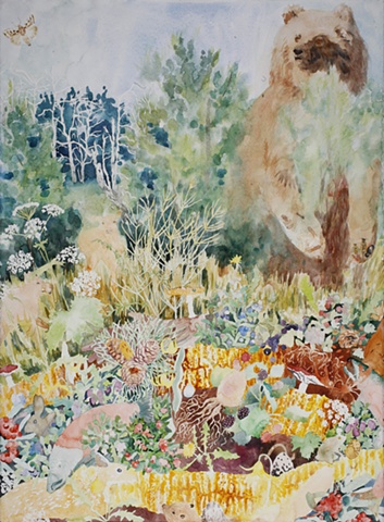 Painting of a grizzly bear and the trophic levels, the food that it eats including wild carrot, wild parsnip, deer, fawn, baby elk, wild salmon, mushrooms, pine nuts, beaver, crayfish, rabbit, bunny, bird eggs, worms, blueberries, blackberries raspberries