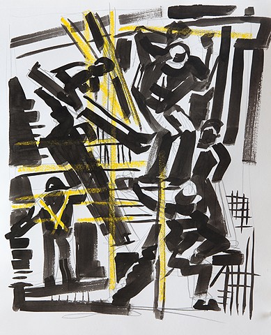 ink drawing of construction workers
