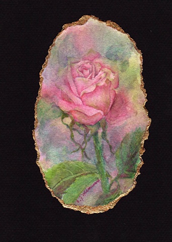 Tea rose, gold leaf, miniature, pink, rose, green