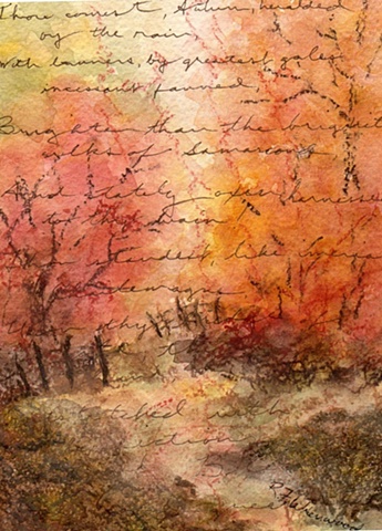 autumn trees, road and fences with poetry in script in background