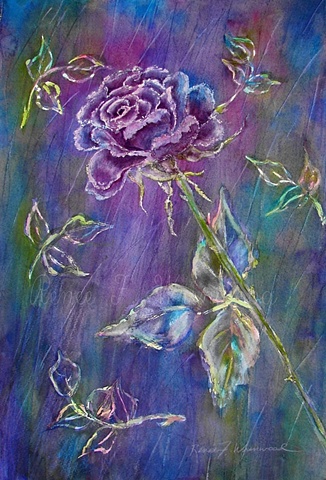 Rose in  blue, purple, green and pink painted by local Mc Kinney, TX Watercolorist