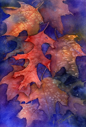 Leaves, deep blue, ultramarine blue, orange, yellow, red, autumn leaves, transparent watercolor