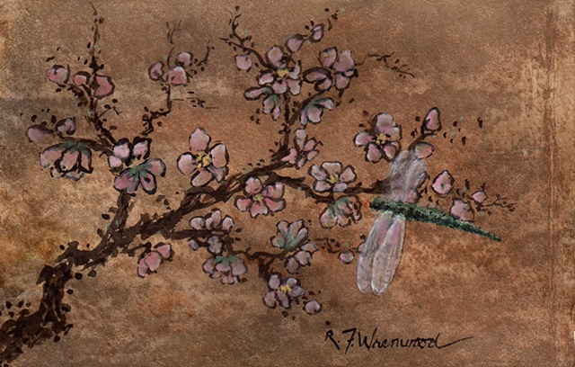 peach blossoms, dragonfly, watercolor, ink, brown, pink, green