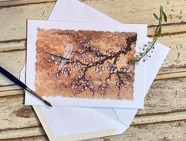 Peach Blossoms and Dragonfly watercolor card