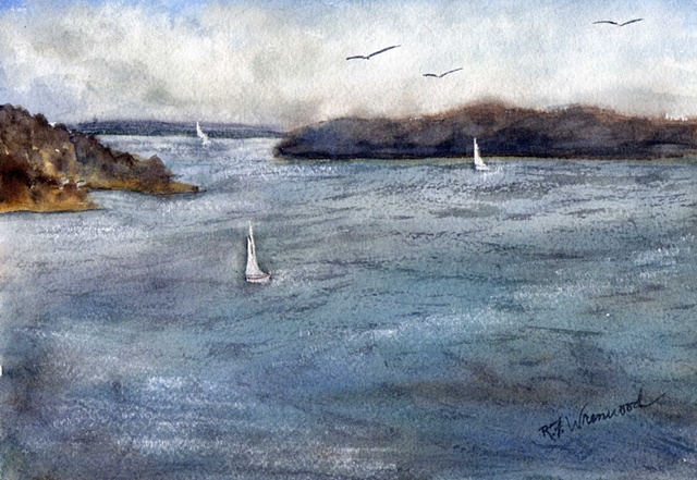 sailboat, lake, headlands, Lake Texoma, watercolor