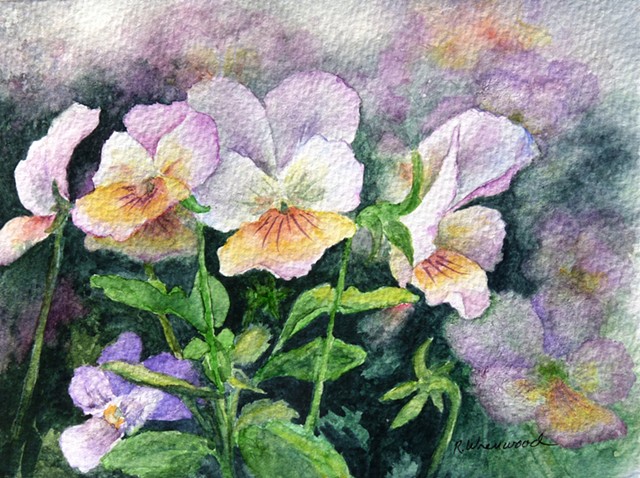 Watercolor, blue, pansies, gold, bronze, violet, green, cheerful, smiling faces