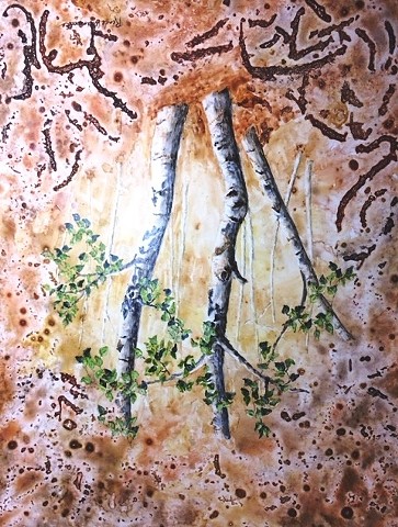 Watercolor on Yupo, Birch Trees, abstract, realistic, golden, rust and browns