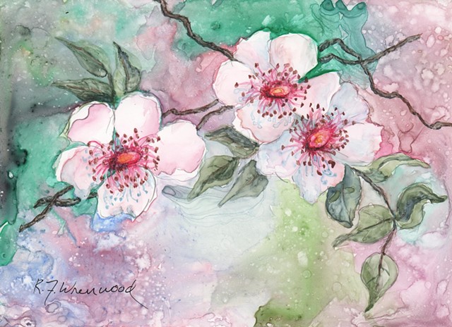Single rose painting in Watercolor on Yupo in pinks and green