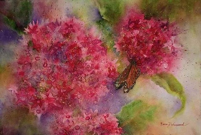 Watercolor McKinney, TX Pentas, flowers, blossoms, pink, magenta, mauve, monarch butterfly, watercolor