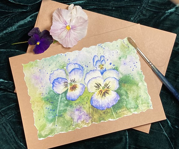 Blue and White Pansies card, hand made