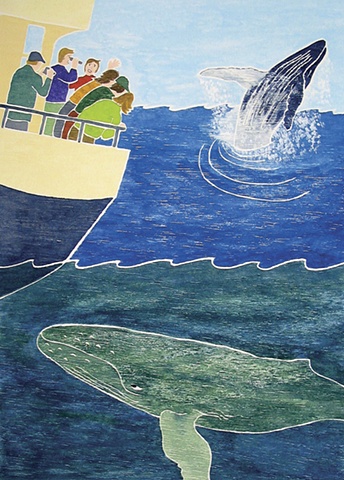Whale Watch, White Line Woodcut