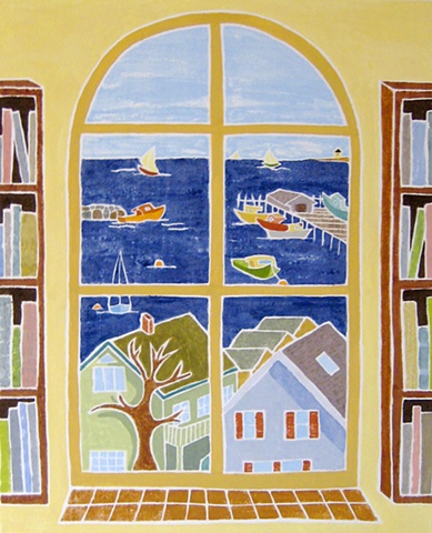 View from the Library, White Line Woodcut