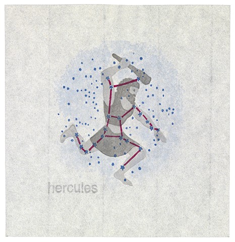 Woodblock print of constellation Hercules by artist illustrator Annie Bissett depicting a secret code word of the NSA called hercules