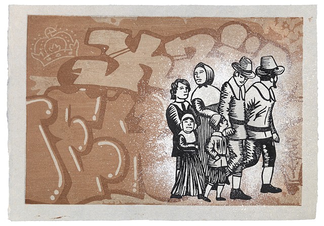 Moku hanga woodblock print of a group of pilgrims and graffiti by Annie Bissett