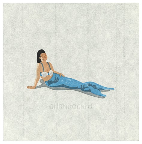 Woodblock print by Annie Bissett depicting a mermaid