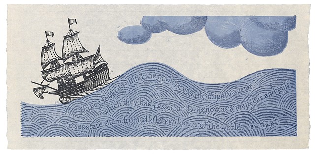 Moku hanga woodblock print of a ship, the Mayflower, and William Bradford quote