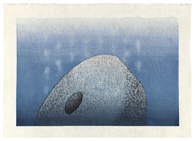 moku hanga woodblock print: image of a millstone sinking in water.