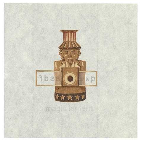 Woodblock print by Annie Bissett depicting an Uncle Sam themed magic lantern