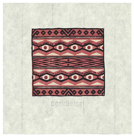 Woodblock print by Annie Bissett depicting an indian blanket pattern in black and red