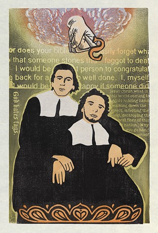 Moku hanga woodblock print of two homosexual puritan men by Annie Bissett