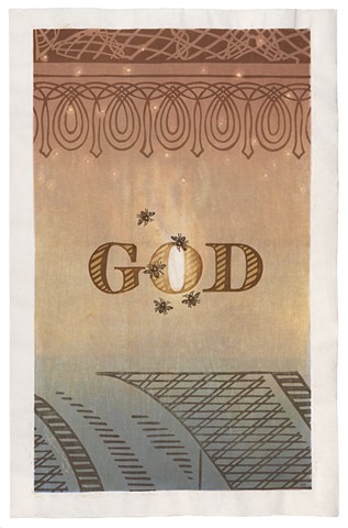 Moku hanga woodblock print by Annie Bissett of bees and the word God from back of a dollar bill. moku hanga