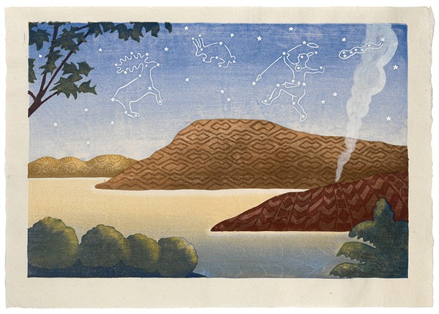 Moku hanga woodblock print of a tranquil scene, hills and constellations by Annie Bissett