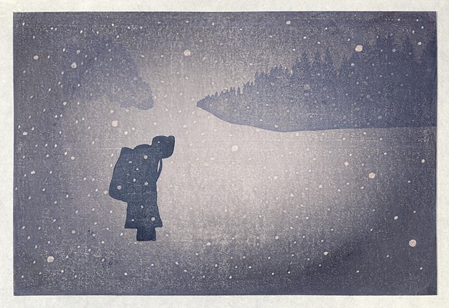 Moku hanga woodblock print by Annie Bissett showing a small figure walking in snow scene