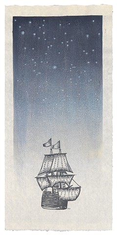 Moku hanga woodblock print of a ship, the Mayflower, and starry sky by Annie Bissett