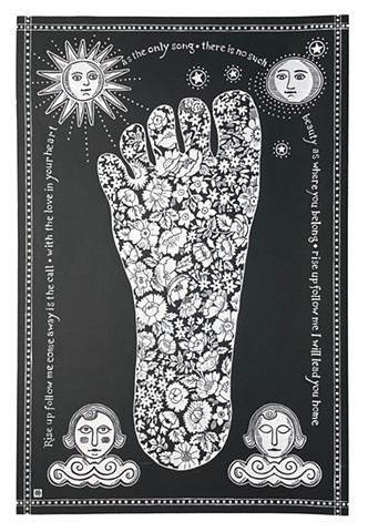 A large black and white woodblock print of a foot filled with flowers, a sun moon and stars and a verse from a song called The Road Home