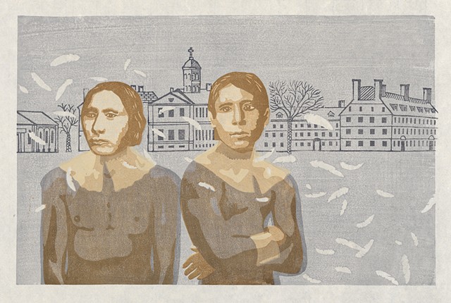 Moku hanga woodblock print of two native american men and college buildings in background by Annie Bissett