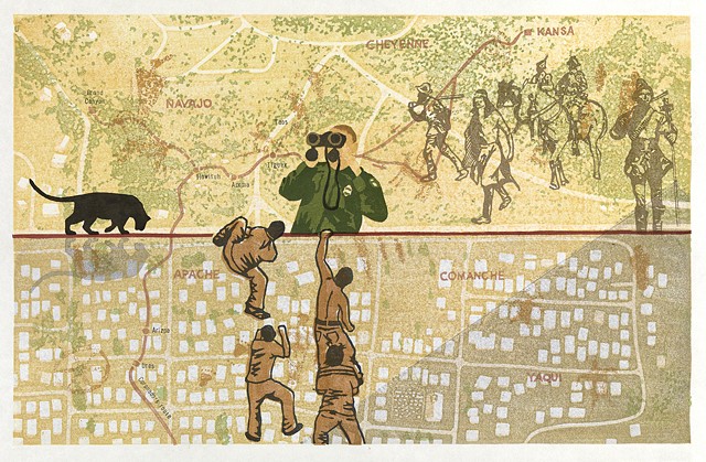 woodblock print of a map of the U.S. Mexico border with border guard, boys climbing fence, and Coronado by Annie Bissett