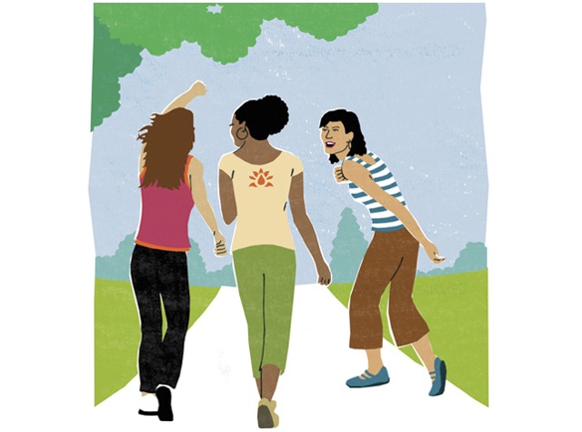 Illustration of three women in exercise clothes enjoying a walk together.